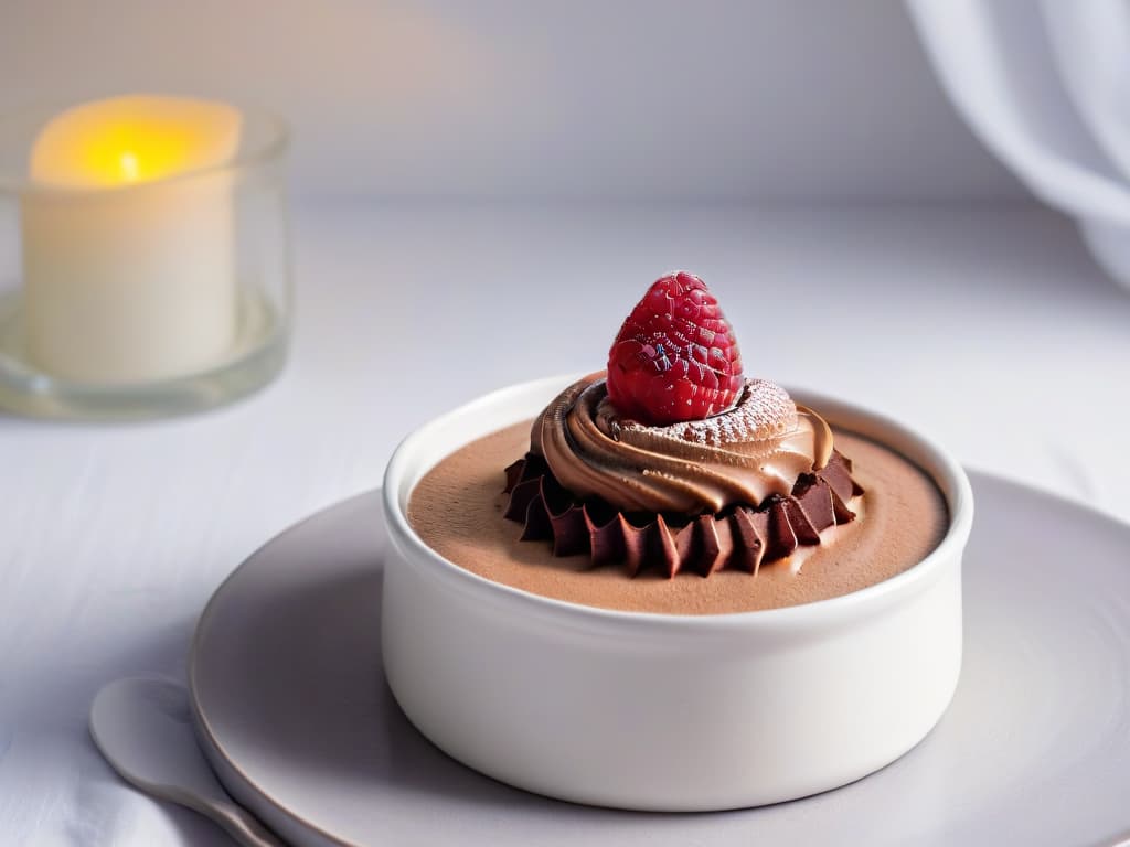  A minimalistic, highly detailed image of a glossy, velvety smooth chocolate mousse in a pristine white ceramic ramekin, adorned with a single fresh raspberry on top. The mousse is perfectly set, showcasing a flawless texture that glistens under soft, natural lighting, emphasizing its luxurious appearance and inviting texture. hyperrealistic, full body, detailed clothing, highly detailed, cinematic lighting, stunningly beautiful, intricate, sharp focus, f/1. 8, 85mm, (centered image composition), (professionally color graded), ((bright soft diffused light)), volumetric fog, trending on instagram, trending on tumblr, HDR 4K, 8K