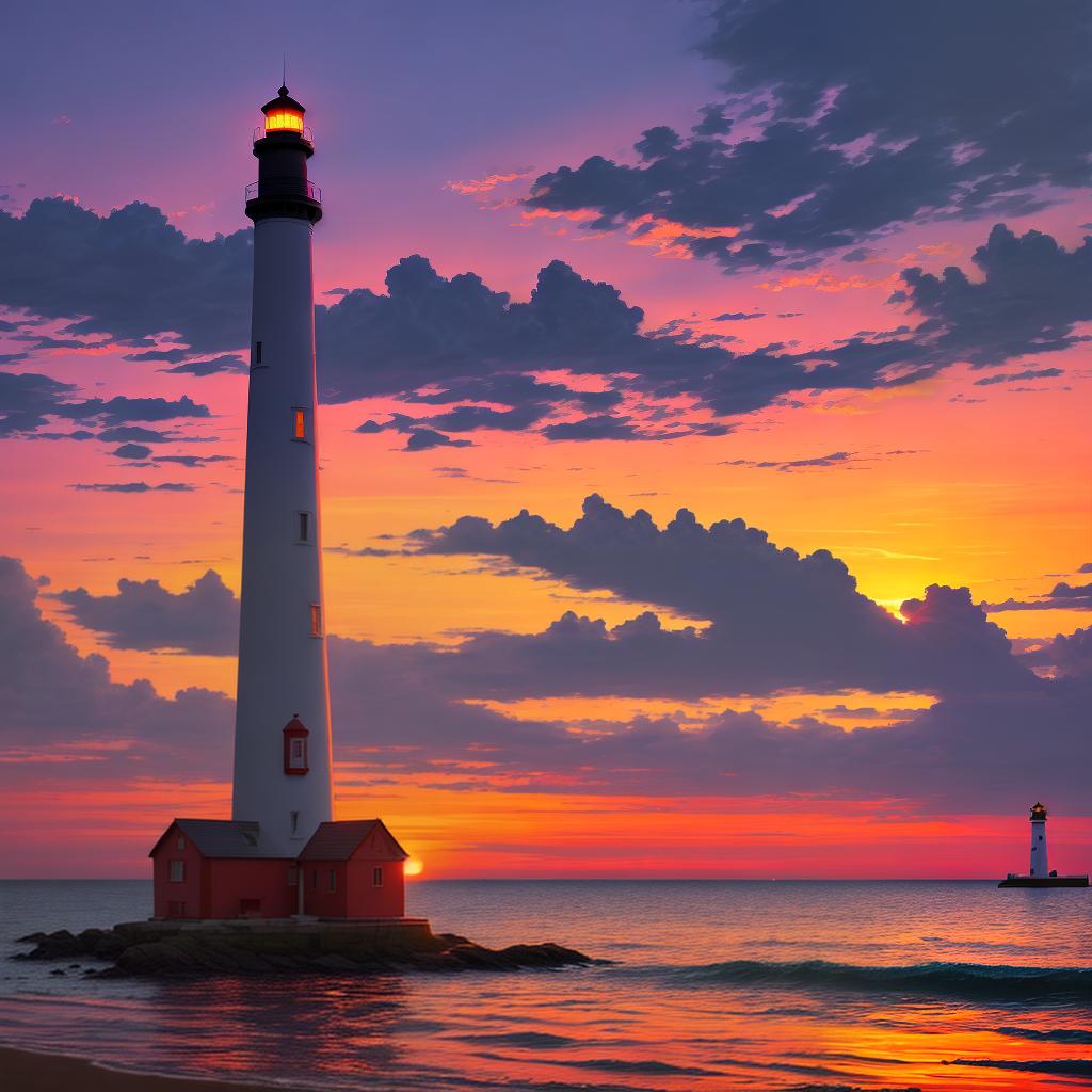  Realistic painting of a solitary lighthouse silhouetted against the vibrant colors of a sunset.