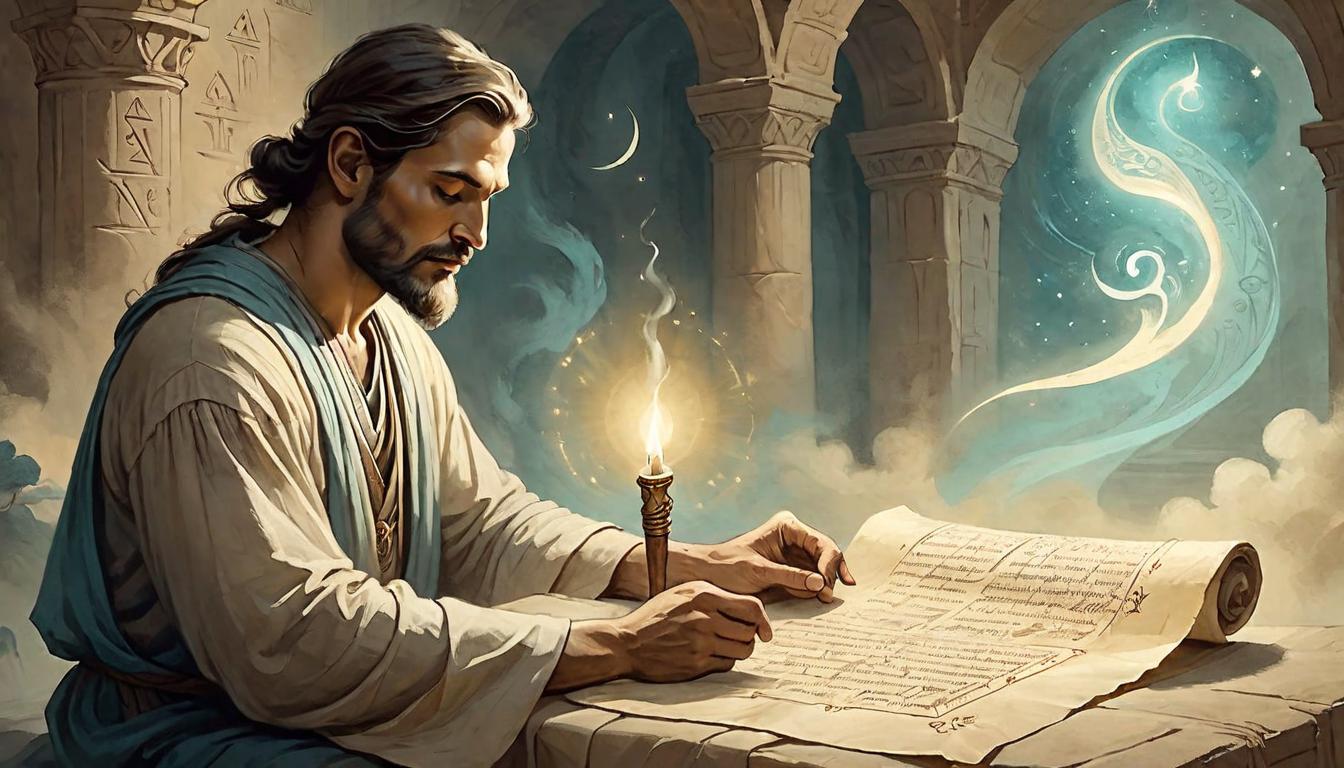  on parchment, surrealism+++, Person in a meditative pose, ancient scroll flowing with light in hand, serene environment, ethereal glow, tranquil, introspective(mysterious, provocative, symbolic,muted color)+++