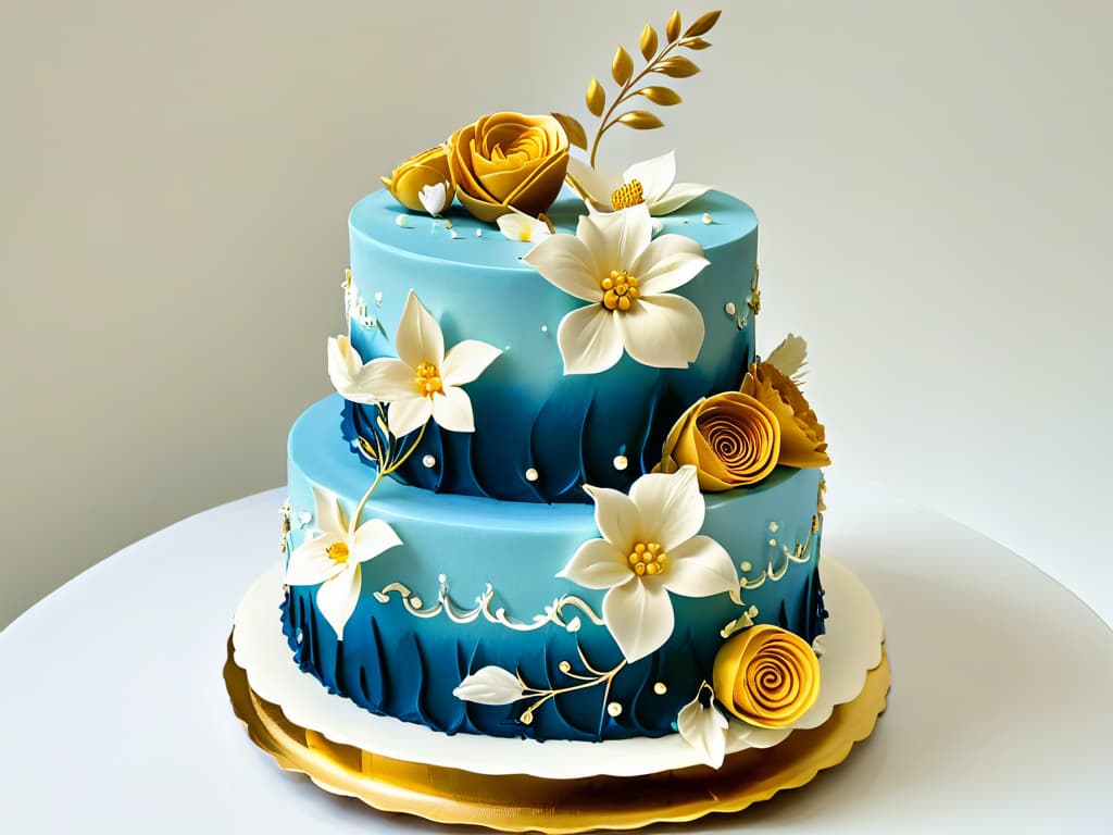  A closeup, ultradetailed image of a perfectly piped and intricately decorated threetiered cake, showcasing delicate sugar flowers, intricate piping designs, and shimmering gold accents. The cake sits on a sleek, modern cake stand against a clean, white background, with each detail and texture of the cake exquisitely captured in high definition. hyperrealistic, full body, detailed clothing, highly detailed, cinematic lighting, stunningly beautiful, intricate, sharp focus, f/1. 8, 85mm, (centered image composition), (professionally color graded), ((bright soft diffused light)), volumetric fog, trending on instagram, trending on tumblr, HDR 4K, 8K