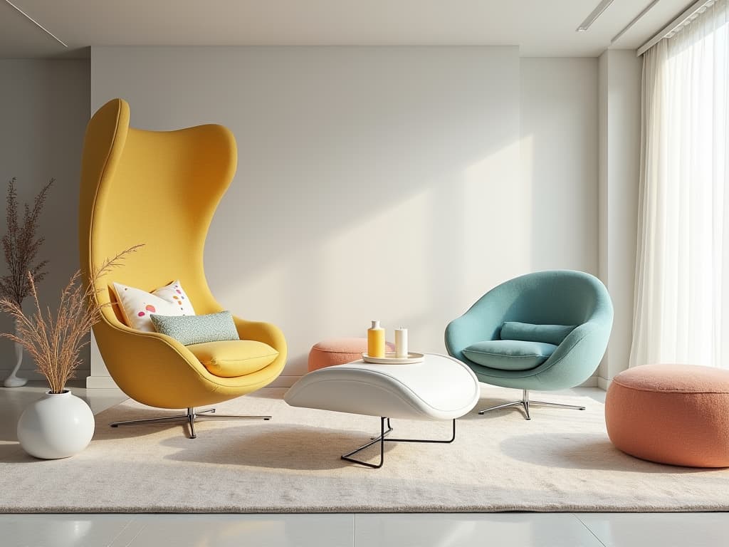  this editorial photography captures a living room designed as a gathering space for relaxation and entertainment, showcasing sleek minimalism through an extreme wide shot using a 14mm f/2.8 ultra wide angle lens. the room features a modern chair with a minimalist, continuous form and smooth, curved edges. the chair's white seat and backrest are playfully decorated with primary yellow (rgb: 255, 255, 0), secondary green (rgb: 0, 128, 0), and accent blue (rgb: 0, 0, 255), complemented by pink (rgb: 255, 192, 203) and orange (rgb: 255, 165, 0) speckles. its chrome frame enhances the contemporary aesthetic, while the room's architecture and furniture display intricate fractal patterns, emphasizing a modern, minimalist design style. hyperrealistic, full body, detailed clothing, highly detailed, cinematic lighting, stunningly beautiful, intricate, sharp focus, f/1. 8, 85mm, (centered image composition), (professionally color graded), ((bright soft diffused light)), volumetric fog, trending on instagram, trending on tumblr, HDR 4K, 8K