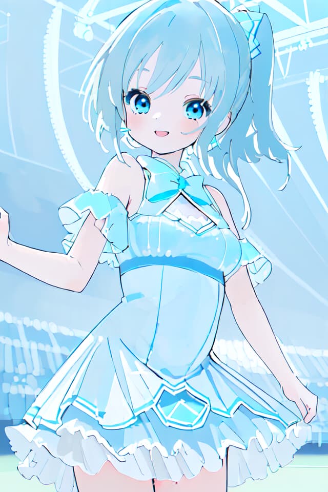  (masterpiece),(best quality),(ultra detailed), (soft focus)1girl,solo,beauty girl,cute girl,(light smile)BREAKcheerleader,(blue image:1.5)BREAKstadium