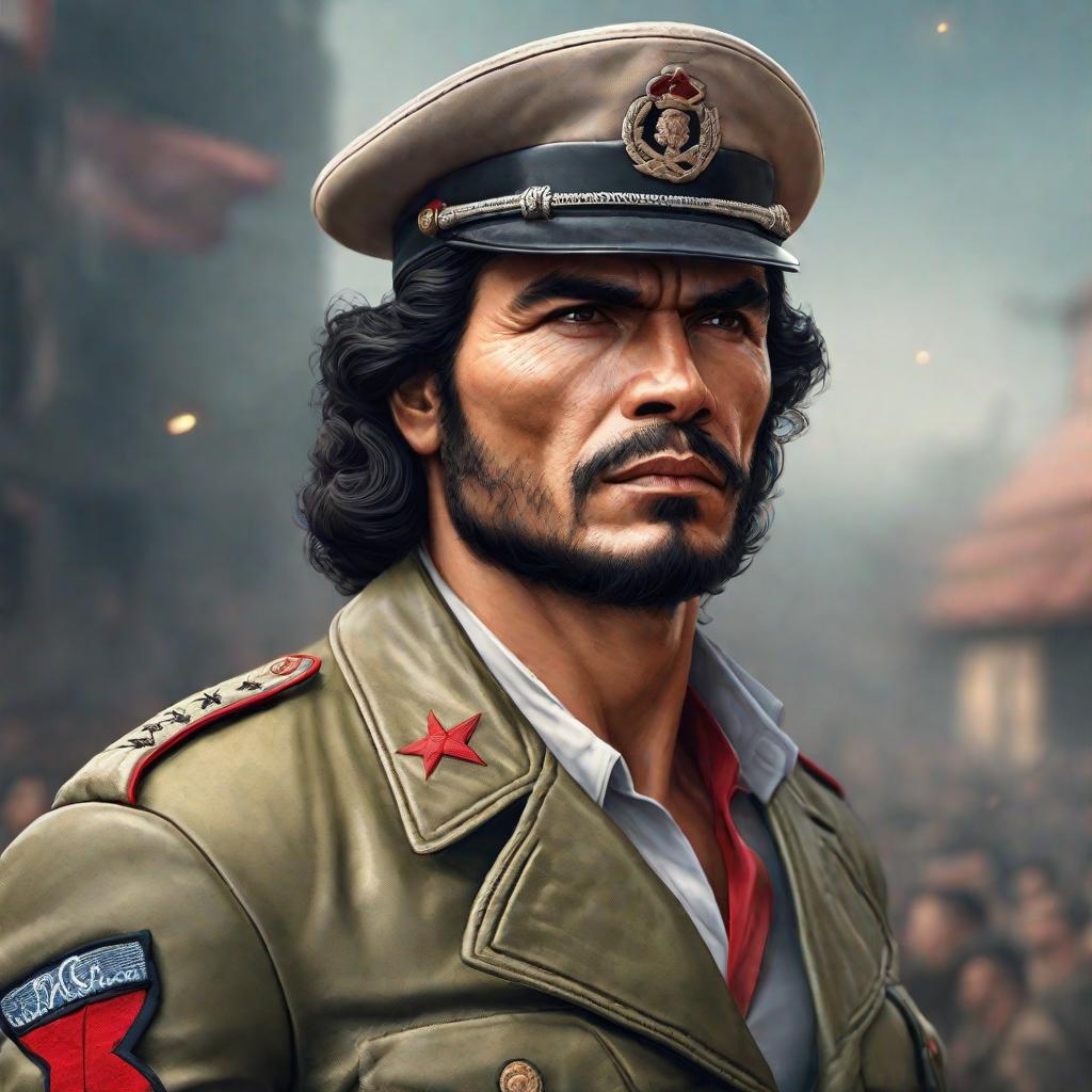  Foto vista lateral del Ché Guevara hyperrealistic, full body, detailed clothing, highly detailed, cinematic lighting, stunningly beautiful, intricate, sharp focus, f/1. 8, 85mm, (centered image composition), (professionally color graded), ((bright soft diffused light)), volumetric fog, trending on instagram, trending on tumblr, HDR 4K, 8K