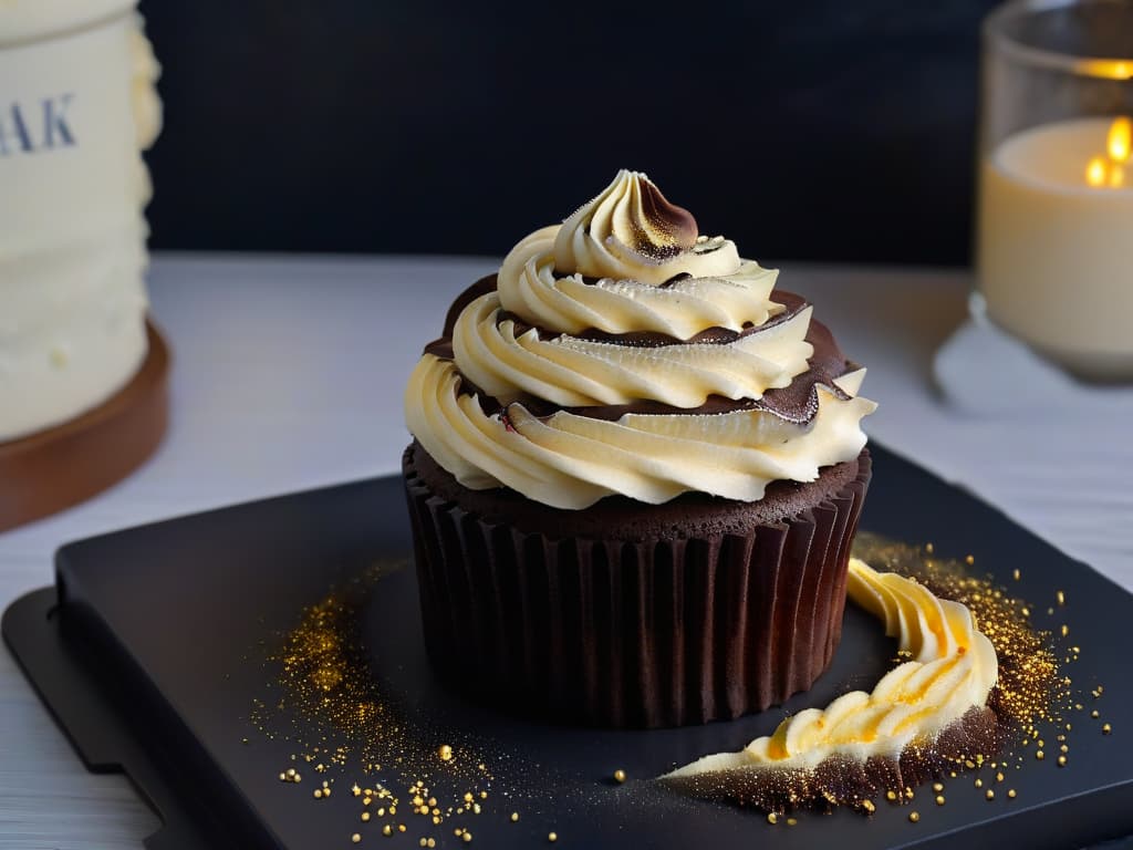  A closeup, ultradetailed image of a single, perfectly glazed chocolate cupcake topped with a delicate swirl of buttercream frosting, sprinkled with shimmering gold dust. The cupcake is placed on a sleek, matte black plate, set against a soft, blurred background to emphasize its flawless presentation and evoke a sense of elegance and sophistication. hyperrealistic, full body, detailed clothing, highly detailed, cinematic lighting, stunningly beautiful, intricate, sharp focus, f/1. 8, 85mm, (centered image composition), (professionally color graded), ((bright soft diffused light)), volumetric fog, trending on instagram, trending on tumblr, HDR 4K, 8K