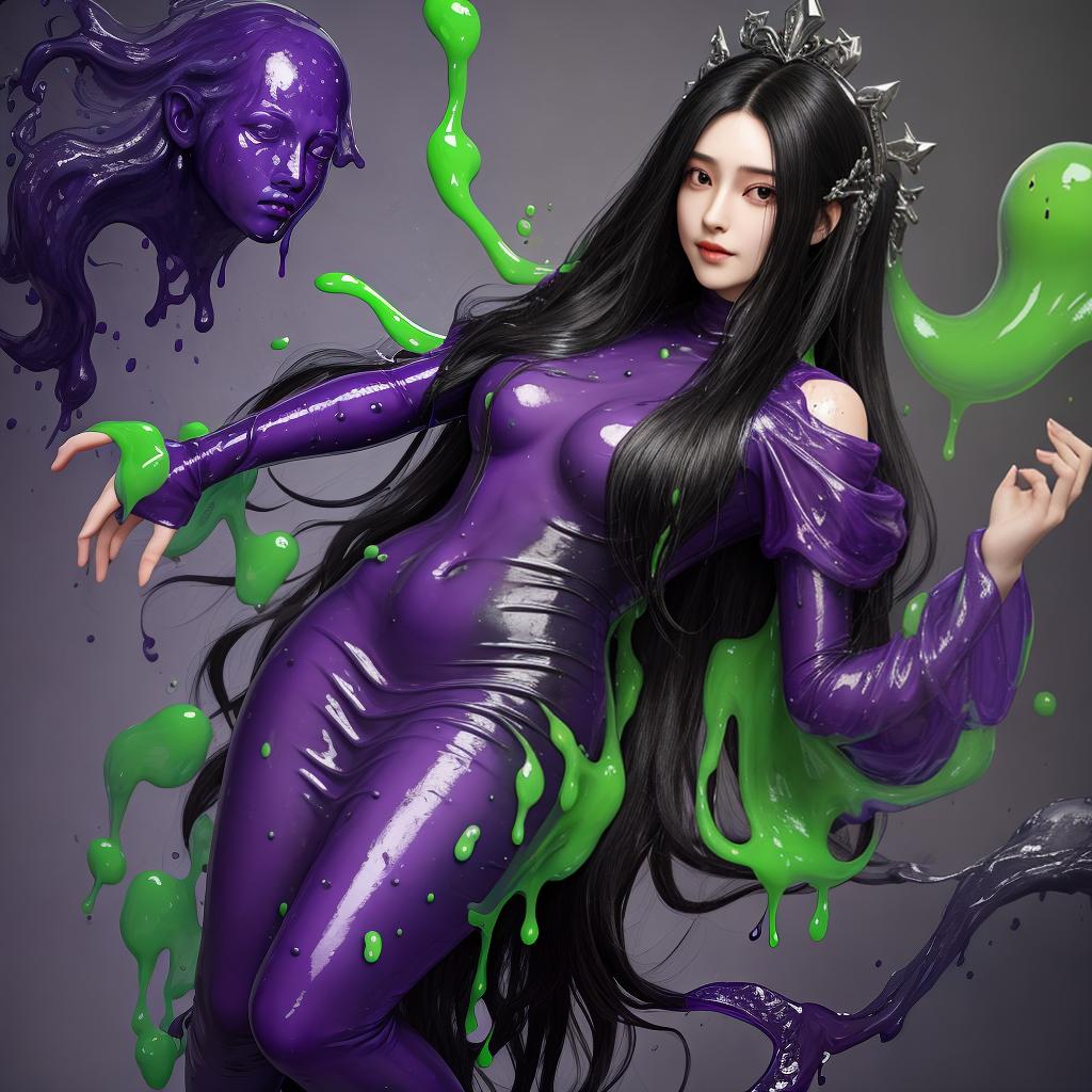  masterpiece, best quality, realistic beautiful with long black hair,covered is a skin tight layer of purple slime, full body picture, detailed, body parts not covered by slime(head, shoulders, face)