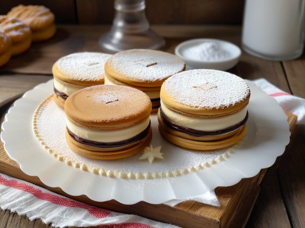  A highresolution image of a beautifully plated alfajor, a traditional Argentine dessert consisting of two shortbread cookies with dulce de leche in between, dusted with powdered sugar on top, placed on a rustic wooden table with a delicate white linen napkin underneath. The lighting is soft, casting gentle shadows, highlighting the texture of the cookies and the richness of the dulce de leche. The image is minimalist, focusing on the elegance and simplicity of this beloved Argentine treat, evoking a sense of indulgence and authenticity. hyperrealistic, full body, detailed clothing, highly detailed, cinematic lighting, stunningly beautiful, intricate, sharp focus, f/1. 8, 85mm, (centered image composition), (professionally color graded), ((bright soft diffused light)), volumetric fog, trending on instagram, trending on tumblr, HDR 4K, 8K