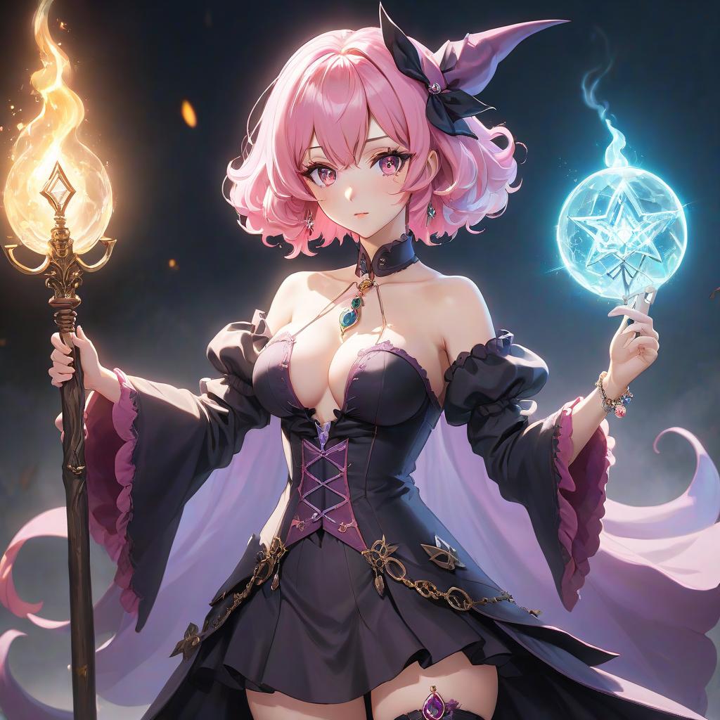  anime artwork Beautiful, witch , full length, looking at the camera, pink hair with white curls, with jewelry . anime style, key visual, vint, studio anime, highly detailed hyperrealistic, full body, detailed clothing, highly detailed, cinematic lighting, stunningly beautiful, intricate, sharp focus, f/1. 8, 85mm, (centered image composition), (professionally color graded), ((bright soft diffused light)), volumetric fog, trending on instagram, trending on tumblr, HDR 4K, 8K