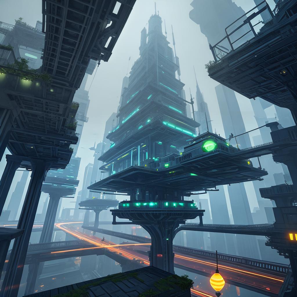  with surrealistic elements, A futuristic cityscape with floating, bioluminescent trees and flying cars