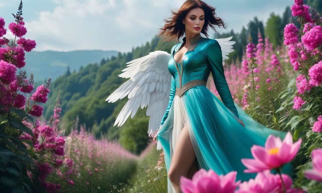  cinematic film still The general plan represents a magnificent angel with huge turquoise wings in full pink Gothic shiny armor Milanese shiny armor, as in the paintings of Konrad Witz, of the mid 15th century with a huge Zweihander sword in her hands and huge turquoise wings stands on a flower meadow an amazing cinematic picture depicting a stranger.mj, RTX, 4k, HDR, Anna Razumovskaya, Casey Baugh, Antonio Mora, Aminola Rezai, Giovanni Boldini, art, realistic art. double exposure, sleek and stylized silhouette of a female body on a transparent background of a female body ((nature painting)), stunning and vint. pure white background Happy with shiny armor big s, face detailing, happy face, beautiful hairstyle, white  hyperrealistic, full body, detailed clothing, highly detailed, cinematic lighting, stunningly beautiful, intricate, sharp focus, f/1. 8, 85mm, (centered image composition), (professionally color graded), ((bright soft diffused light)), volumetric fog, trending on instagram, trending on tumblr, HDR 4K, 8K