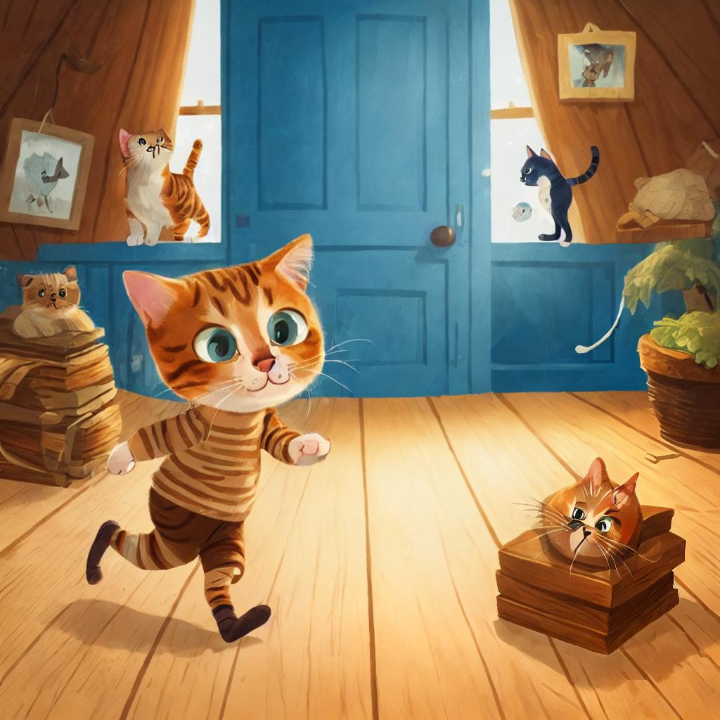  (best quality:1.5), (realistic:1.0), cat, brown stripped, blue ribbon, running, long boots , mysterious cabin, dim light