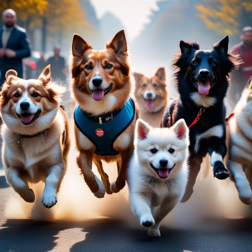  many dogs running nearby, the view is not close. hyperrealistic, full body, detailed clothing, highly detailed, cinematic lighting, stunningly beautiful, intricate, sharp focus, f/1. 8, 85mm, (centered image composition), (professionally color graded), ((bright soft diffused light)), volumetric fog, trending on instagram, trending on tumblr, HDR 4K, 8K