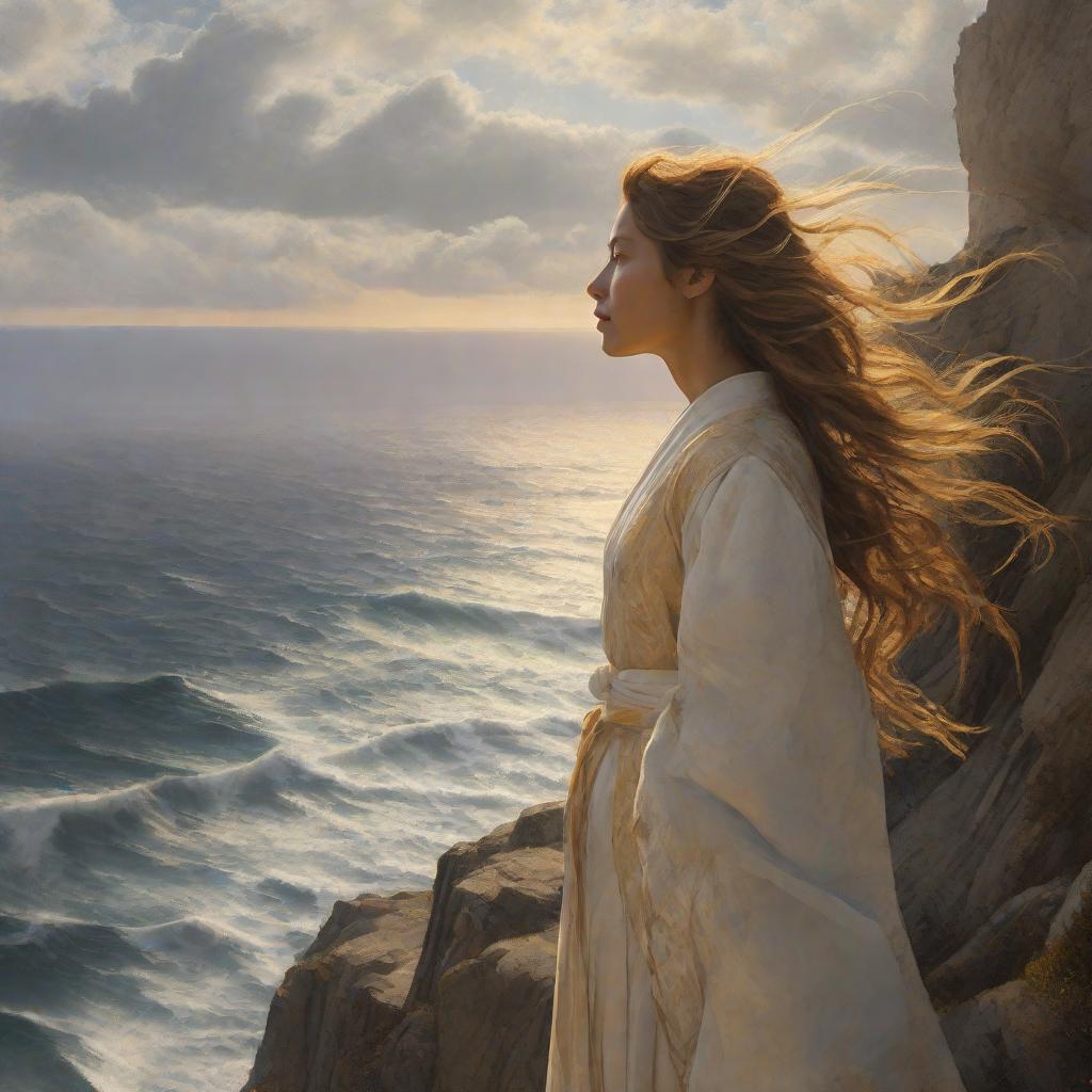  A beautiful woman with long flowing hair stood on a cliff, looking out at the vast and tranquil ocean. The wind ruffled her hair gently, and she gazed into the distance with determination and longing in her eyes. The setting sun cast a warm golden light on her face, illuminating her delicate features. The environment was a picturesque coastal landscape, towering cliffs and waves below. The mood was one of tranquility and introspection, with a hint of melancholy. The style is reminiscent of Shinkai Makoto's work, with its ethereal and dreamy quality. The realization is a digital painting, which is a high-resolution camera that captures every intricate detail of the woman's expression and surroundings.