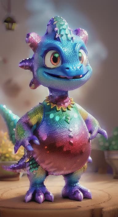  {A sparkly dinosaur with glittery scales standing next to a big pot of steaming jollof rice., Shiny Dino has glittery, multicolored scales that sparkle in the sunlight. It has big, friendly eyes and a happy, wide smile, with small arms perfect for stirring pots. Shiny Dino wears a playful, polka dotted apron and a tiny chef's hat.