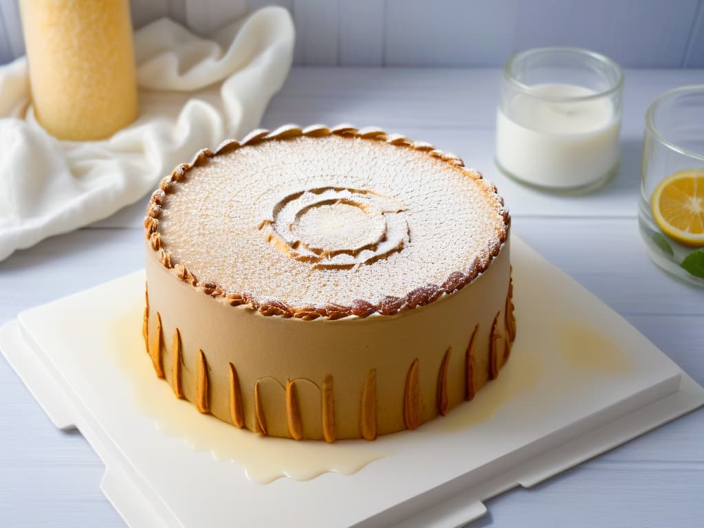  An ultradetailed closeup image of a perfectly goldenbrown glutenfree almond flour cake, adorned with a delicate dusting of powdered sugar on top. The cake sits on a sleek, modern white plate against a softfocus background, highlighting the intricate texture of the crumb and the subtle shimmer of the sugar. hyperrealistic, full body, detailed clothing, highly detailed, cinematic lighting, stunningly beautiful, intricate, sharp focus, f/1. 8, 85mm, (centered image composition), (professionally color graded), ((bright soft diffused light)), volumetric fog, trending on instagram, trending on tumblr, HDR 4K, 8K