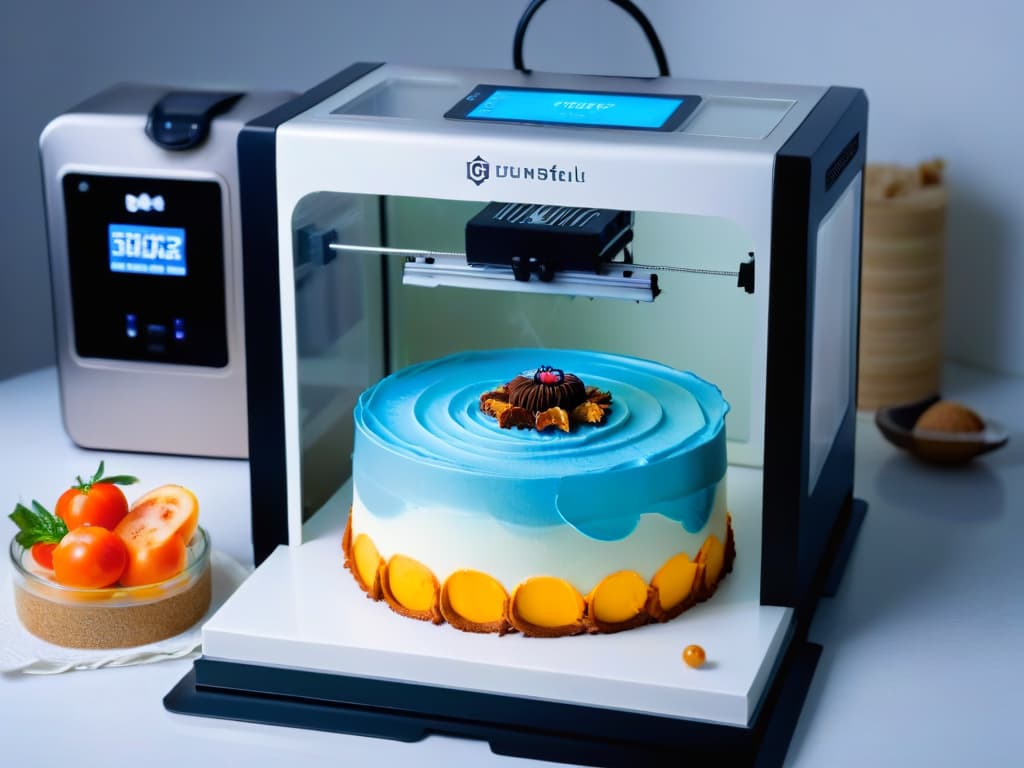  A highresolution image of a sleek, futuristic 3D printer creating intricate and detailed edible decorations for a cake, surrounded by a soft glow of augmented reality elements enhancing the baking experience with digital overlays of recipe instructions and design templates. hyperrealistic, full body, detailed clothing, highly detailed, cinematic lighting, stunningly beautiful, intricate, sharp focus, f/1. 8, 85mm, (centered image composition), (professionally color graded), ((bright soft diffused light)), volumetric fog, trending on instagram, trending on tumblr, HDR 4K, 8K