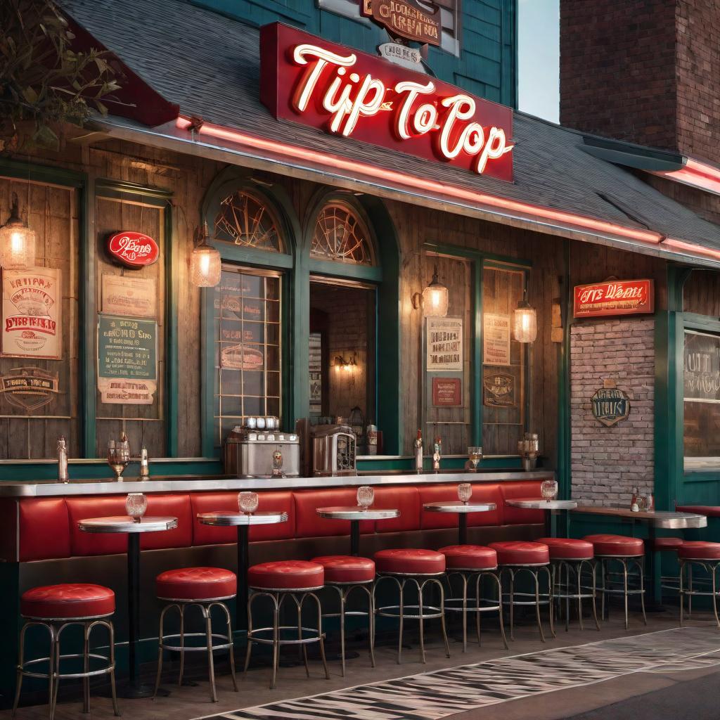  Create logo concepts for a bar&grill named Tip Top Deluxe with a retro 50’s or 60’s style. The logo should capture the essence of a vintage diner with a nostalgic feel, incorporating elements like retro typography, diner motifs, vintage colors, and classic design elements that evoke the 1950s or 1960s era. hyperrealistic, full body, detailed clothing, highly detailed, cinematic lighting, stunningly beautiful, intricate, sharp focus, f/1. 8, 85mm, (centered image composition), (professionally color graded), ((bright soft diffused light)), volumetric fog, trending on instagram, trending on tumblr, HDR 4K, 8K