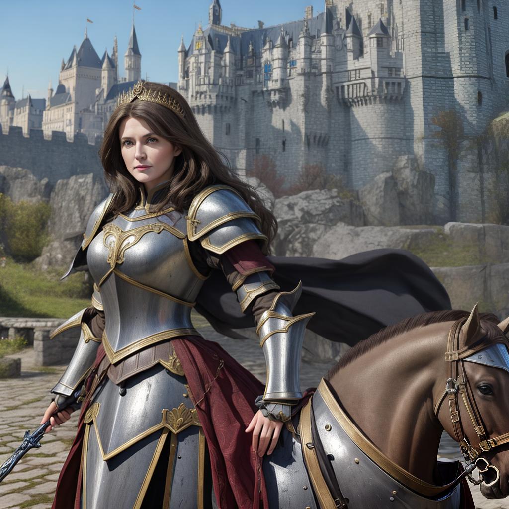  masterpiece, best quality, brunette, middle-aged female, wearing armor, Europe, castle background