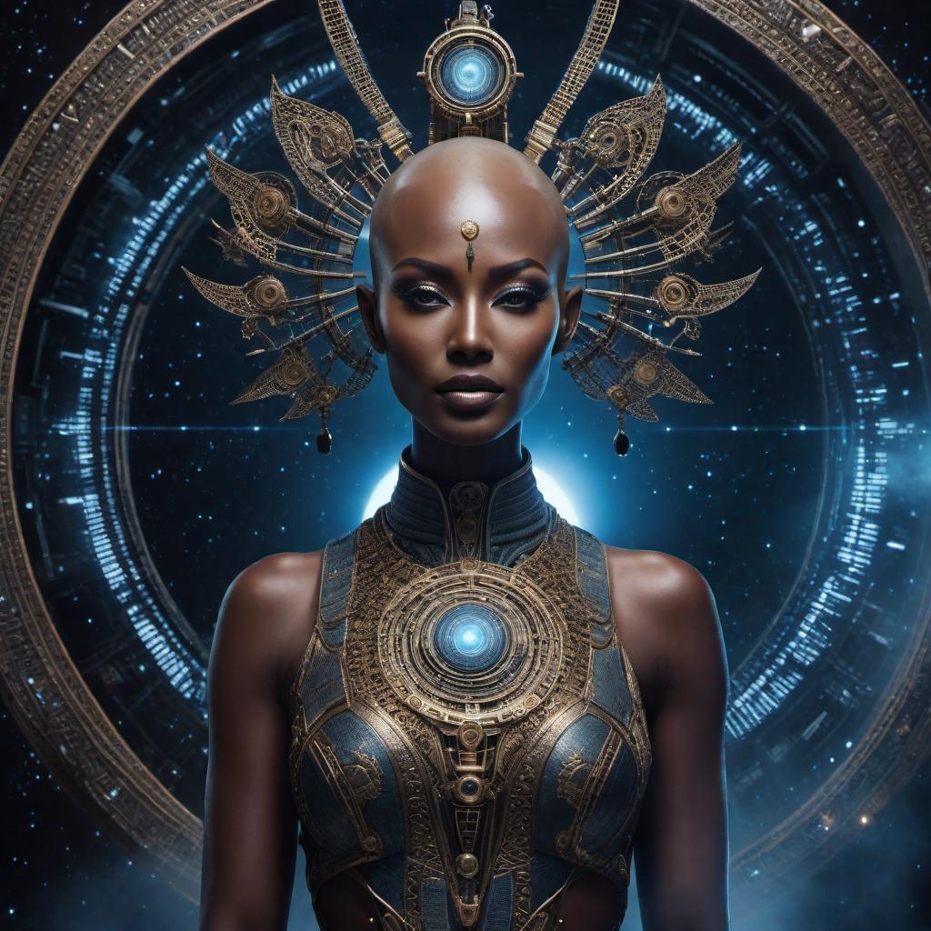  A humanoid figure with a dark complexion, detailed facial features that look serene and poised, with a glowing circular element on its forehead. The head is bald with intricate patterns or textures, suggesting a synthetic or alien nature. The expression conveys wisdom and deep contemplation. The background features cosmic or celestial elements with radiant hues of light, giving the impression of space or a universe theme. The style should evoke a sense of advanced civilization or superior intellect, fitting a sci-fi narrative. hyperrealistic, full body, detailed clothing, highly detailed, cinematic lighting, stunningly beautiful, intricate, sharp focus, f/1. 8, 85mm, (centered image composition), (professionally color graded), ((bright soft diffused light)), volumetric fog, trending on instagram, trending on tumblr, HDR 4K, 8K