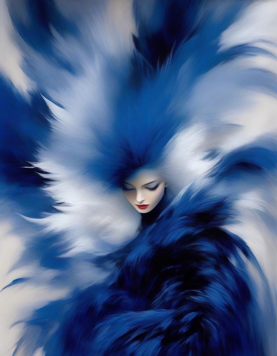  abstract expressionist painting Portrait of a beautiful girl in a dark blue velvet Lorrain dress, on beautiful hair adorned with soft feathers of dark blue colour . energetic brushwork, bold colors, abstract forms, expressive, emotional hyperrealistic, full body, detailed clothing, highly detailed, cinematic lighting, stunningly beautiful, intricate, sharp focus, f/1. 8, 85mm, (centered image composition), (professionally color graded), ((bright soft diffused light)), volumetric fog, trending on instagram, trending on tumblr, HDR 4K, 8K