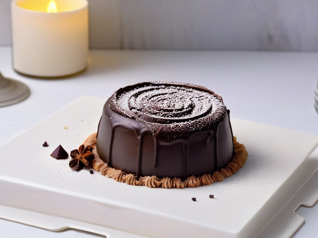  A closeup, photorealistic image of a decadent truffle made from repurposed cake scraps, showcasing the rich chocolate ganache coating and a sprinkle of cocoa powder on top. The truffle is placed on a sleek, modern serving platter, with soft, diffused lighting highlighting its glossy finish and inviting texture. The background is blurred to keep the focus solely on the exquisite dessert, enticing viewers with its indulgent appearance and elegant presentation. hyperrealistic, full body, detailed clothing, highly detailed, cinematic lighting, stunningly beautiful, intricate, sharp focus, f/1. 8, 85mm, (centered image composition), (professionally color graded), ((bright soft diffused light)), volumetric fog, trending on instagram, trending on tumblr, HDR 4K, 8K