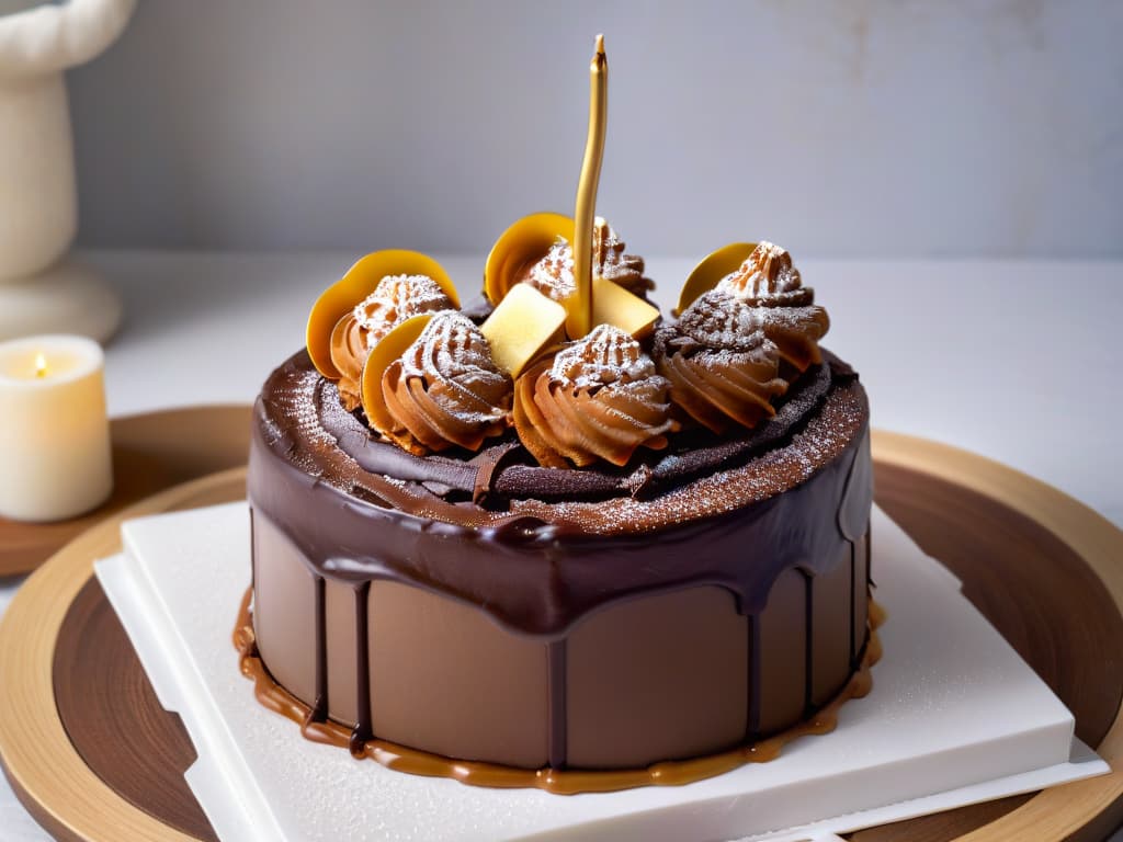  A closeup, photorealistic image of a rich, decadent chocolate cake being drizzled with velvety caramel sauce made from Fair Trade sugar, with the ingredients prominently displayed around the cake. The cake is beautifully decorated with intricate chocolate curls and edible gold leaf, set on a sleek marble countertop under soft, natural lighting that highlights the glossy finish of the dessert. This image exudes elegance and indulgence, perfectly capturing the essence of incorporating Fair Trade ingredients into exquisite pastry creations. hyperrealistic, full body, detailed clothing, highly detailed, cinematic lighting, stunningly beautiful, intricate, sharp focus, f/1. 8, 85mm, (centered image composition), (professionally color graded), ((bright soft diffused light)), volumetric fog, trending on instagram, trending on tumblr, HDR 4K, 8K