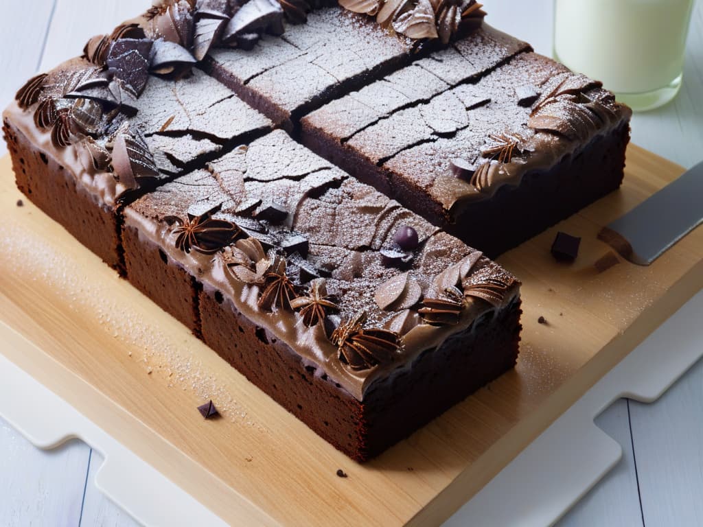  An ultradetailed closeup image of a freshly baked glutenfree brownie, still warm from the oven, with a crackly top sprinkled with powdered sugar. The brownie sits on a rustic wooden cutting board, surrounded by scattered dark chocolate chunks and a few sprigs of fresh mint. The golden edges of the brownie glisten in the soft natural light, showcasing its fudgy and moist interior dotted with melty chocolate chips. The crumb is perfectly dense yet tender, promising an indulgent and decadent treat for any glutenfree dessert lover. hyperrealistic, full body, detailed clothing, highly detailed, cinematic lighting, stunningly beautiful, intricate, sharp focus, f/1. 8, 85mm, (centered image composition), (professionally color graded), ((bright soft diffused light)), volumetric fog, trending on instagram, trending on tumblr, HDR 4K, 8K