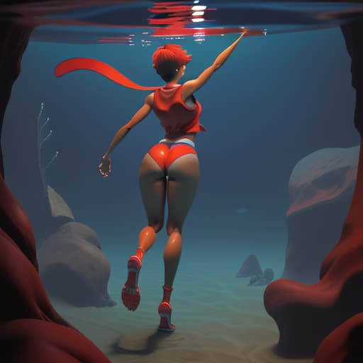  tanned woman with short hair in red vest and blue strings walking underwater her arms are reach up her giant booty and legs are very heavy view from the back