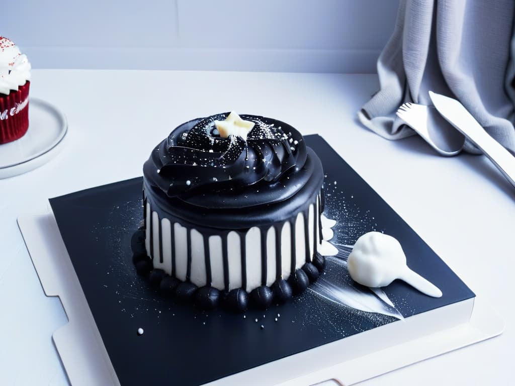  A minimalist, ultradetailed image of a black and white cupcake topped with a tiny edible recreation of the iconic shower scene from the classic horror film "Psycho." The cupcake is elegantly displayed on a sleek, matte black plate, accentuating the intricate details of the scene recreated on top, including a miniature silhouette of a shower curtain, a knife, and droplets of "blood" made from red icing. The stark contrast between the black and white colors enhances the chilling and suspenseful atmosphere of the dessert, perfectly encapsulating the fusion of terror and culinary art. hyperrealistic, full body, detailed clothing, highly detailed, cinematic lighting, stunningly beautiful, intricate, sharp focus, f/1. 8, 85mm, (centered image composition), (professionally color graded), ((bright soft diffused light)), volumetric fog, trending on instagram, trending on tumblr, HDR 4K, 8K