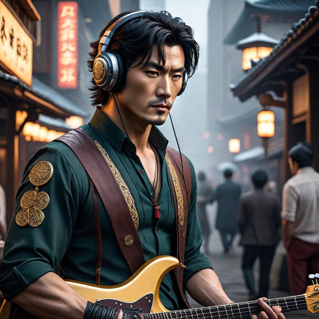  Picture a person whose music list consists of 16% of japanese celtic genre, 16% of japanese soundtrack genre, 50% of anime score genre, 16% of anime genre. This person's style should reflect all the music genres he listens to, from more to less, depending on their dominance. hyperrealistic, full body, detailed clothing, highly detailed, cinematic lighting, stunningly beautiful, intricate, sharp focus, f/1. 8, 85mm, (centered image composition), (professionally color graded), ((bright soft diffused light)), volumetric fog, trending on instagram, trending on tumblr, HDR 4K, 8K