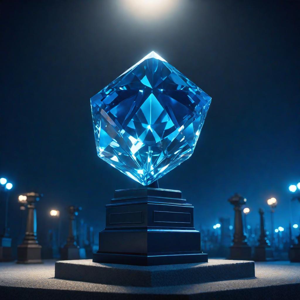  giant blue diamond hammer on a pedestal at night lit by many floodlights. cartoon pixar, hi-res hyperrealistic, full body, detailed clothing, highly detailed, cinematic lighting, stunningly beautiful, intricate, sharp focus, f/1. 8, 85mm, (centered image composition), (professionally color graded), ((bright soft diffused light)), volumetric fog, trending on instagram, trending on tumblr, HDR 4K, 8K