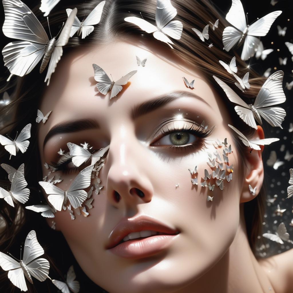  photo RAW, ( ultrarealistic, hyperrealistice, hyperdetailed: shattered into thousands of silver butterflies, scattering into a breeze of silver twinkling stars. Maria had backed a couple of steps away, she couldn’t help but sigh in awe with her beautiful eyes wide open. This sight truly was as beautiful as a fantastic dream), masterpiece, award winning photography, natural light, perfect composition, high detail, hyper realistic, add depth, water background, (real human, detailed human:1.5),(highly detailed beautiful eyes)