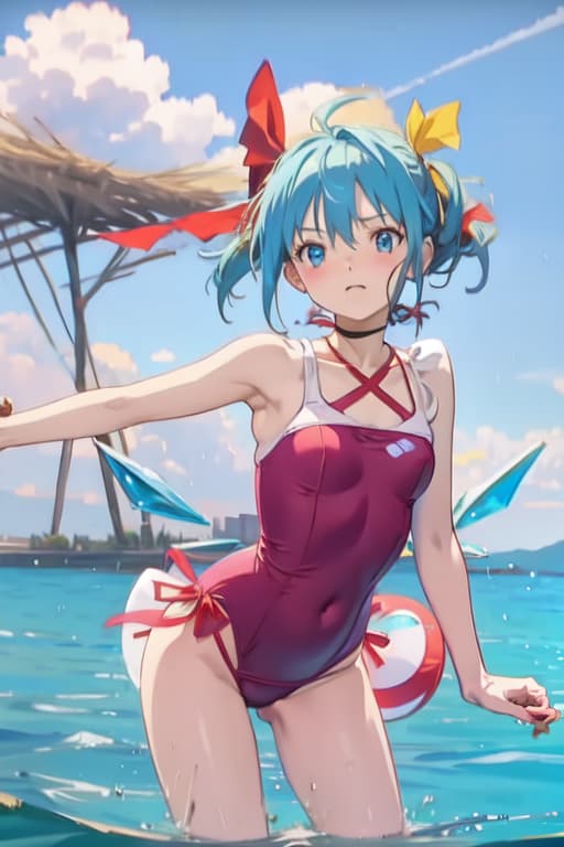  Cirno, one piece swimsuit, Ghibli style