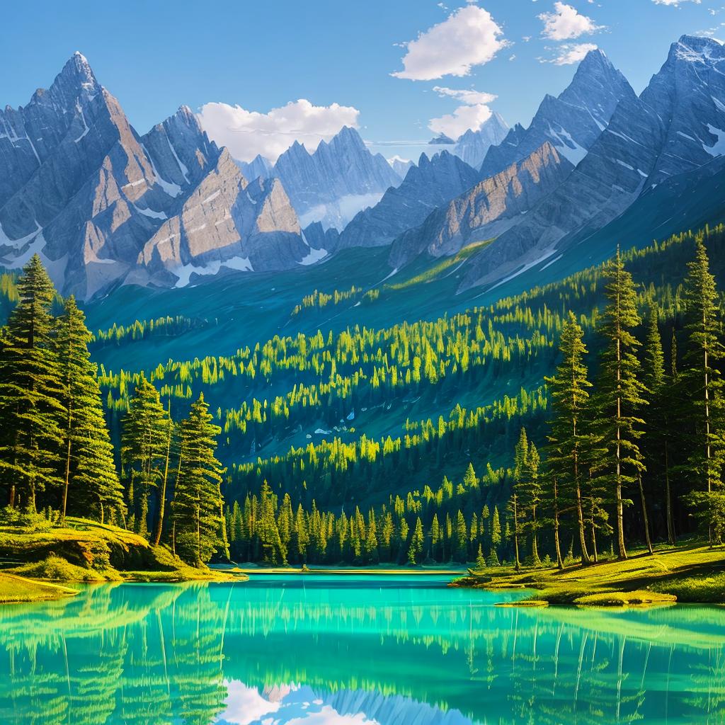  as a painting, Convey the serene majesty of towering mountains reflected in the crystal-clear waters of a tranquil alpine lake, using your unique artistic vision to evoke a sense of awe and tranquility.