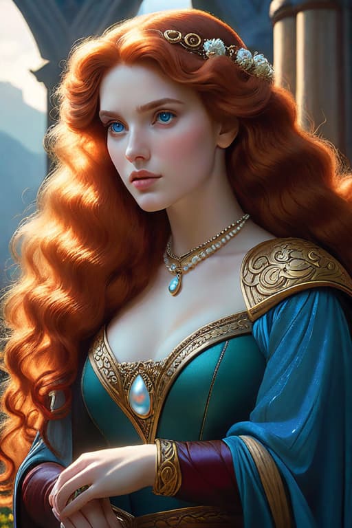  the girl with the pearl by james taylor, an oil painting Greg Hildebrandt, pre raphaelitism, portrait of princess merida, hildebrandt, greg hildebrandt highly detailed, intricate, sharp focus, elegant, digital painting, ornate, epic composition, grim yet sparkling atmosphere, magical atmosphere, cinematic lighting, studio quality, masterpiece, 8 k octane detailed render, art nouveau, fantasy, dynamic pose, photo realistic, dynamic lighting, gradient light blue, digital art, rpg portrait, hyperrealistic, full body, detailed clothing, highly detailed, cinematic lighting, stunningly beautiful, intricate, sharp focus, f/1. 8, 85mm, (centered image composition), (professionally color graded), ((bright soft diffused light)), volumetric fog, trending on instagram, trending on tumblr, HDR 4K, 8K