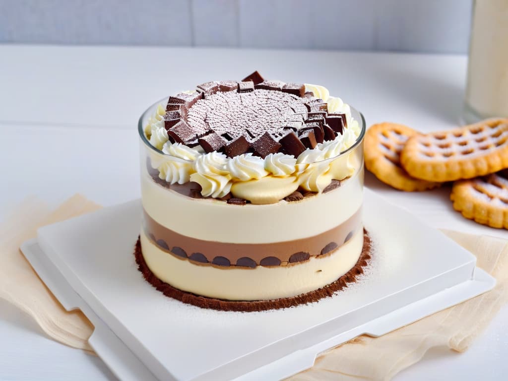  A minimalist image of a beautifully layered tiramisu dessert in a clear glass cup, showcasing delicate ladyfinger biscuits soaked in coffee, rich mascarpone cream, and a dusting of cocoa powder on top. The background is a soft focus to emphasize the elegant simplicity of the dessert presentation. hyperrealistic, full body, detailed clothing, highly detailed, cinematic lighting, stunningly beautiful, intricate, sharp focus, f/1. 8, 85mm, (centered image composition), (professionally color graded), ((bright soft diffused light)), volumetric fog, trending on instagram, trending on tumblr, HDR 4K, 8K