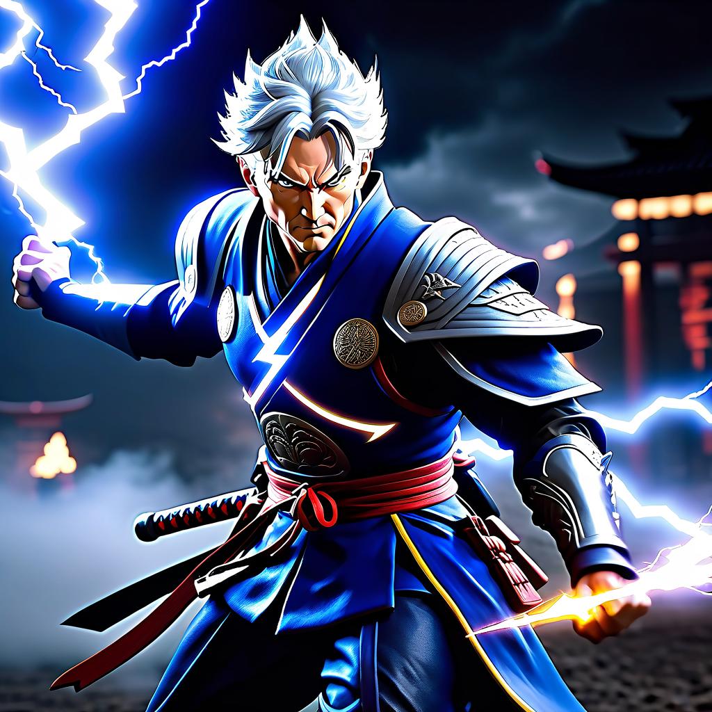  A man with a medium build, European appearance, gray hair, samurai blue armor, lightning mage, in motion, quickly running, eyes flashing with lightning. hyperrealistic, full body, detailed clothing, highly detailed, cinematic lighting, stunningly beautiful, intricate, sharp focus, f/1. 8, 85mm, (centered image composition), (professionally color graded), ((bright soft diffused light)), volumetric fog, trending on instagram, trending on tumblr, HDR 4K, 8K