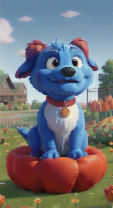  {The red ball nestled in a bed of colorful flowers like daisies and tulips, The big blue dog is large with sky blue fur, big round eyes, a black nose, and floppy ears.