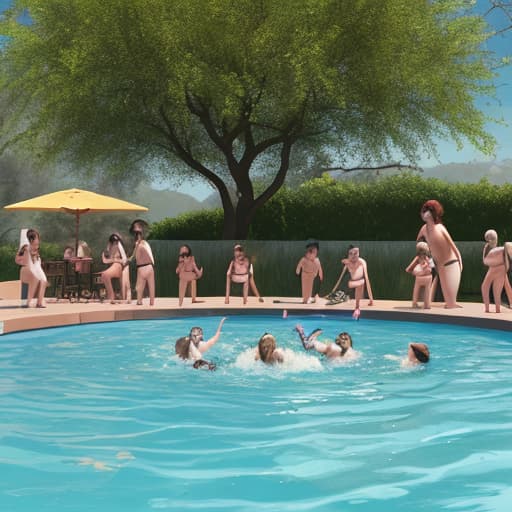  A group of naked women frolic in a wine pool, next to a tree hanging barbecue,