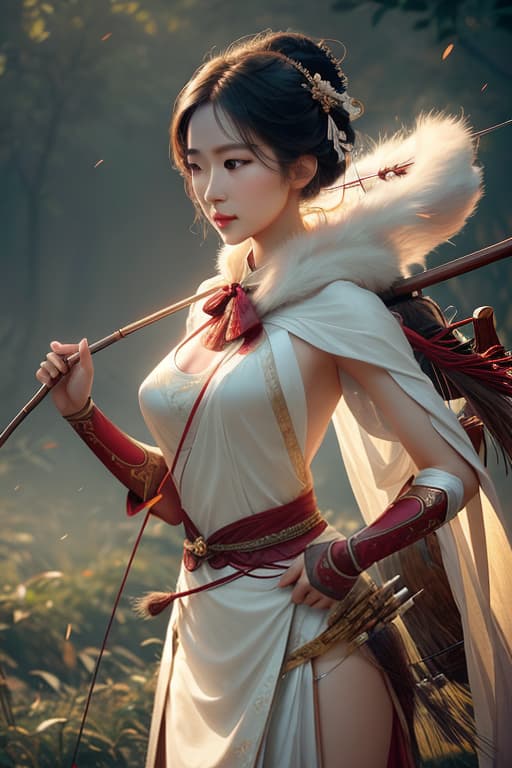  Portrait of a beautiful Asian woman archer holding her bow and with a quiver on her back, sultry, buxom, best quality, 8k wallpaper hyperrealistic, full body, detailed clothing, highly detailed, cinematic lighting, stunningly beautiful, intricate, sharp focus, f/1. 8, 85mm, (centered image composition), (professionally color graded), ((bright soft diffused light)), volumetric fog, trending on instagram, trending on tumblr, HDR 4K, 8K