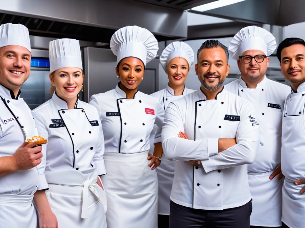  A highresolution image of a diverse group of chefs from around the world, each expertly decorating a unique dessert representing their cultural background. The chefs are focused and passionate, showcasing intricate and colorful pastries on elegant white plates, symbolizing the international flair and expertise gained through online certifications in pastrymaking. The background is a clean, minimalist kitchen setting, emphasizing the artistry and skill of these culinary professionals. hyperrealistic, full body, detailed clothing, highly detailed, cinematic lighting, stunningly beautiful, intricate, sharp focus, f/1. 8, 85mm, (centered image composition), (professionally color graded), ((bright soft diffused light)), volumetric fog, trending on instagram, trending on tumblr, HDR 4K, 8K