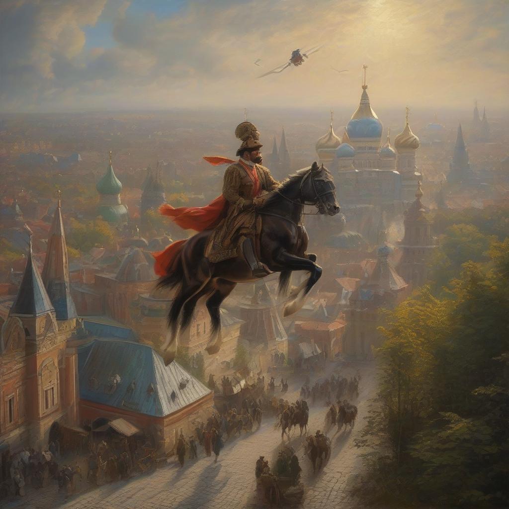  "Masterpiece, (oil painting), flying plate, flying over Old Moscow in the style of Shishkin." hyperrealistic, full body, detailed clothing, highly detailed, cinematic lighting, stunningly beautiful, intricate, sharp focus, f/1. 8, 85mm, (centered image composition), (professionally color graded), ((bright soft diffused light)), volumetric fog, trending on instagram, trending on tumblr, HDR 4K, 8K