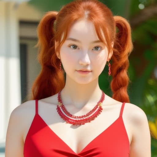  (masterpiece, best quality), 1girl, collarbone, wavy hair, looking at viewer, red top, big, necklace, ponytail, red hair, sunlight,
