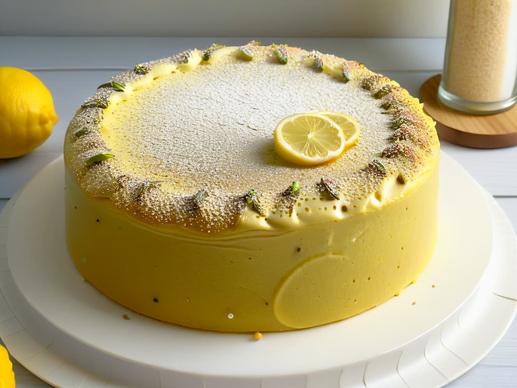  A closeup, ultradetailed image of a perfectly moist and fluffy chia seedinfused lemon poppy seed cake, showcasing the intricate texture of the cake crumb dotted with tiny chia seeds, topped with a light dusting of powdered sugar and fresh lemon zest. The minimalist composition focuses on the elegant simplicity of the dessert, accentuating the contrast between the soft, golden cake and the vibrant green chia seeds nestled within. The lighting highlights the delicate crumb structure, inviting viewers to appreciate the subtle yet impactful addition of chia seeds in sweet recipes. hyperrealistic, full body, detailed clothing, highly detailed, cinematic lighting, stunningly beautiful, intricate, sharp focus, f/1. 8, 85mm, (centered image composition), (professionally color graded), ((bright soft diffused light)), volumetric fog, trending on instagram, trending on tumblr, HDR 4K, 8K