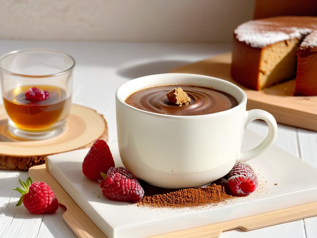  A serene and elegant image of a white porcelain teacup placed on a light wooden table, filled with rich, amberhued tea swirling gently, with a delicate wisp of steam rising from the surface. Beside the cup, a dainty plate holds a decadent slice of tiramisu, dusted with cocoa powder and garnished with fresh raspberries. Soft, natural light filters through a nearby window, casting a gentle glow on the scene and creating a sense of calm and sophistication. hyperrealistic, full body, detailed clothing, highly detailed, cinematic lighting, stunningly beautiful, intricate, sharp focus, f/1. 8, 85mm, (centered image composition), (professionally color graded), ((bright soft diffused light)), volumetric fog, trending on instagram, trending on tumblr, HDR 4K, 8K