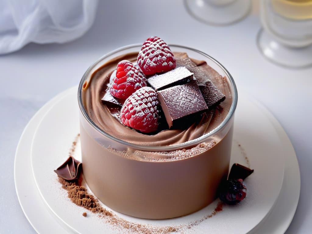  A closeup, ultradetailed image of a glossy, decadent chocolate mousse in a delicate, transparent glass dessert cup. The mousse is perfectly smooth, with a light dusting of cocoa powder on top and a single fresh raspberry resting on the side for an elegant touch. The background is blurred to keep the focus solely on the luxurious texture and rich appearance of the mousse, highlighting its indulgent yet light qualities. hyperrealistic, full body, detailed clothing, highly detailed, cinematic lighting, stunningly beautiful, intricate, sharp focus, f/1. 8, 85mm, (centered image composition), (professionally color graded), ((bright soft diffused light)), volumetric fog, trending on instagram, trending on tumblr, HDR 4K, 8K