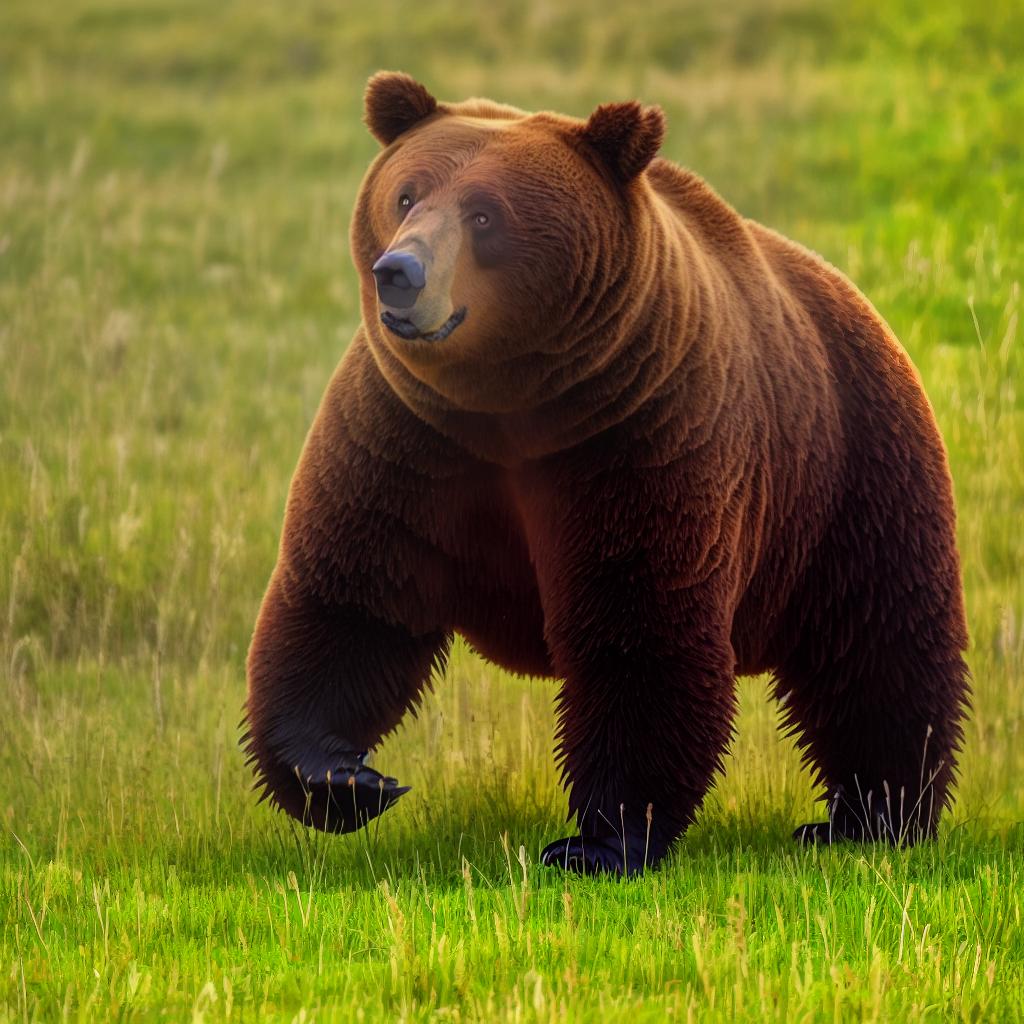  Bear with dark brown bear, light brown muzzle is running through field, high angle