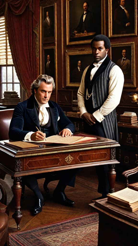  (An opulent office in the 1800s, with rich wooden furniture and lavish decor. Two well dressed men, Isaac Franklin and John Armfield, sit behind an ornate desk, examining documents and discussing their trade. The room is adorned with expensive looking items, conveying the wealth and status of the slave traders.) hyperrealistic, full body, detailed clothing, highly detailed, cinematic lighting, stunningly beautiful, intricate, sharp focus, f/1. 8, 85mm, (centered image composition), (professionally color graded), ((bright soft diffused light)), volumetric fog, trending on instagram, trending on tumblr, HDR 4K, 8K