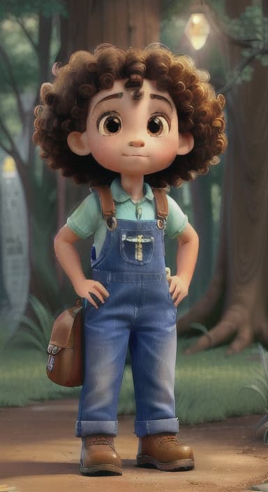  {The tree shining brightly and releasing a gentle, magical light., Riley, a curious with big brown eyes and curly hair, wearing overalls and carrying a small backpack. Their friend, Skye, a bluebird with shiny feathers.