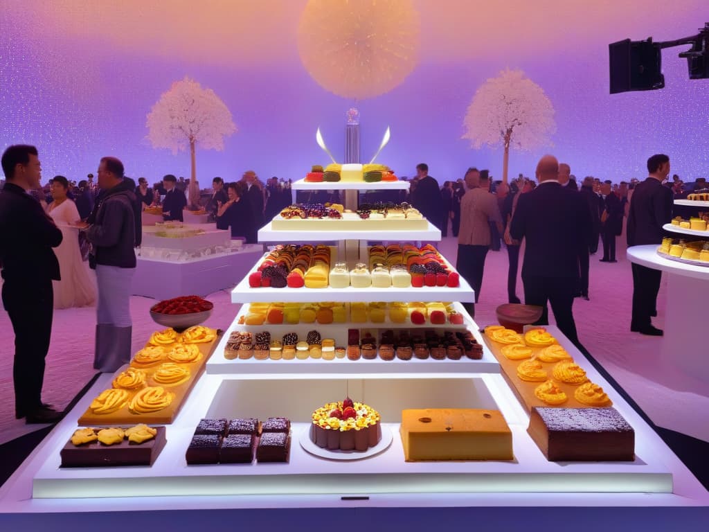  An ultradetailed image of a sleek, modern dessert table at an international food festival. The table is adorned with geometrically arranged pastries and cakes, featuring vibrant colors and intricate designs. Each dessert is meticulously crafted, showcasing a fusion of global flavors and innovative techniques. The backdrop is a subtle, elegant display highlighting the artistry and creativity of modern pastrymaking at international culinary events. hyperrealistic, full body, detailed clothing, highly detailed, cinematic lighting, stunningly beautiful, intricate, sharp focus, f/1. 8, 85mm, (centered image composition), (professionally color graded), ((bright soft diffused light)), volumetric fog, trending on instagram, trending on tumblr, HDR 4K, 8K