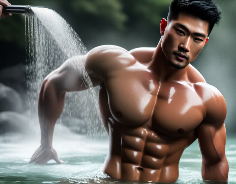  muscle, Chinese beautiful boy, taking a shower in river， body，chest hair hyperrealistic, full body, detailed clothing, highly detailed, cinematic lighting, stunningly beautiful, intricate, sharp focus, f/1. 8, 85mm, (centered image composition), (professionally color graded), ((bright soft diffused light)), volumetric fog, trending on instagram, trending on tumblr, HDR 4K, 8K